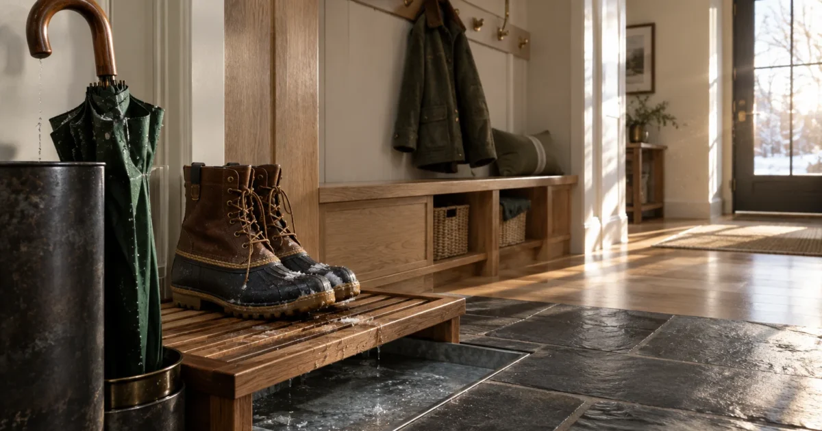 Wet winter boots on a slatted wooden bench dripping water into a recessed metal drainage tray on a stone entryway floor.