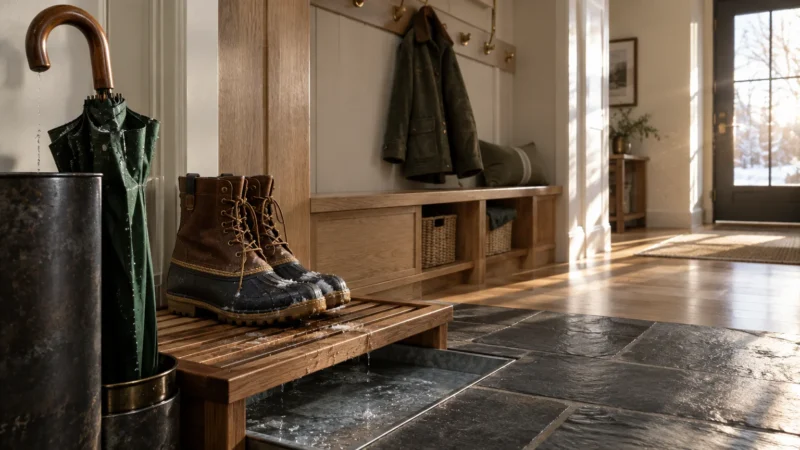 Wet winter boots on a slatted wooden bench dripping water into a recessed metal drainage tray on a stone entryway floor.