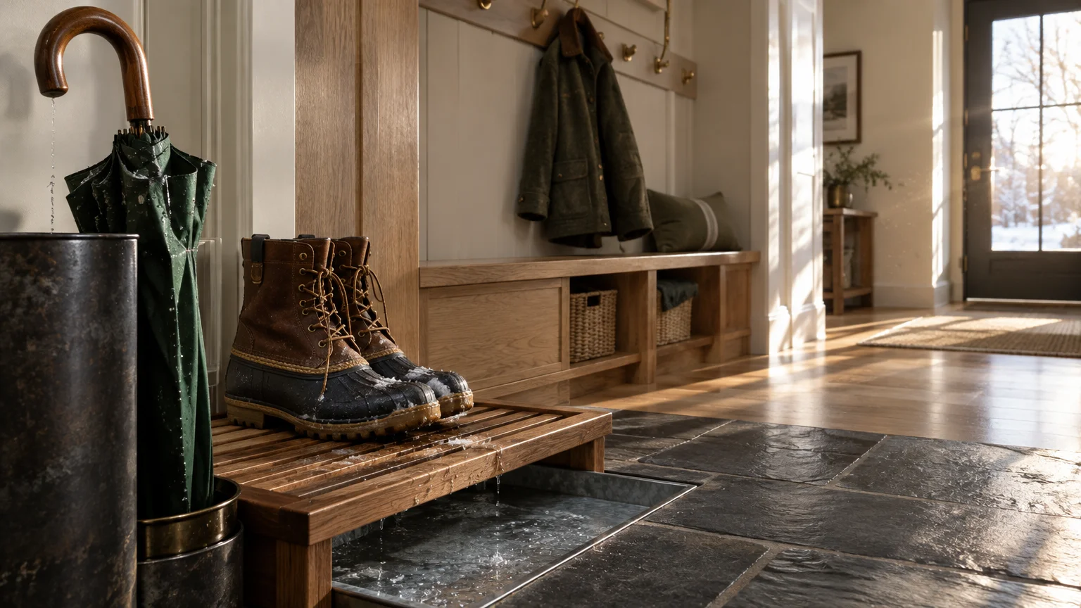 Wet winter boots on a slatted wooden bench dripping water into a recessed metal drainage tray on a stone entryway floor.