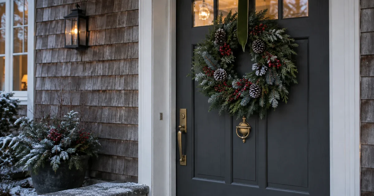 Evergreen wreath with frosted pinecones and red berries hanging on a dark gray front door beside a lit wall lantern.