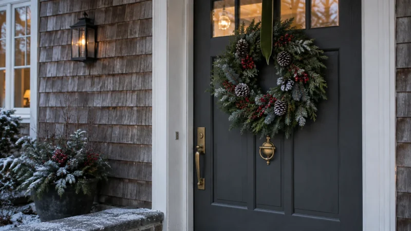 Evergreen wreath with frosted pinecones and red berries hanging on a dark gray front door beside a lit wall lantern.